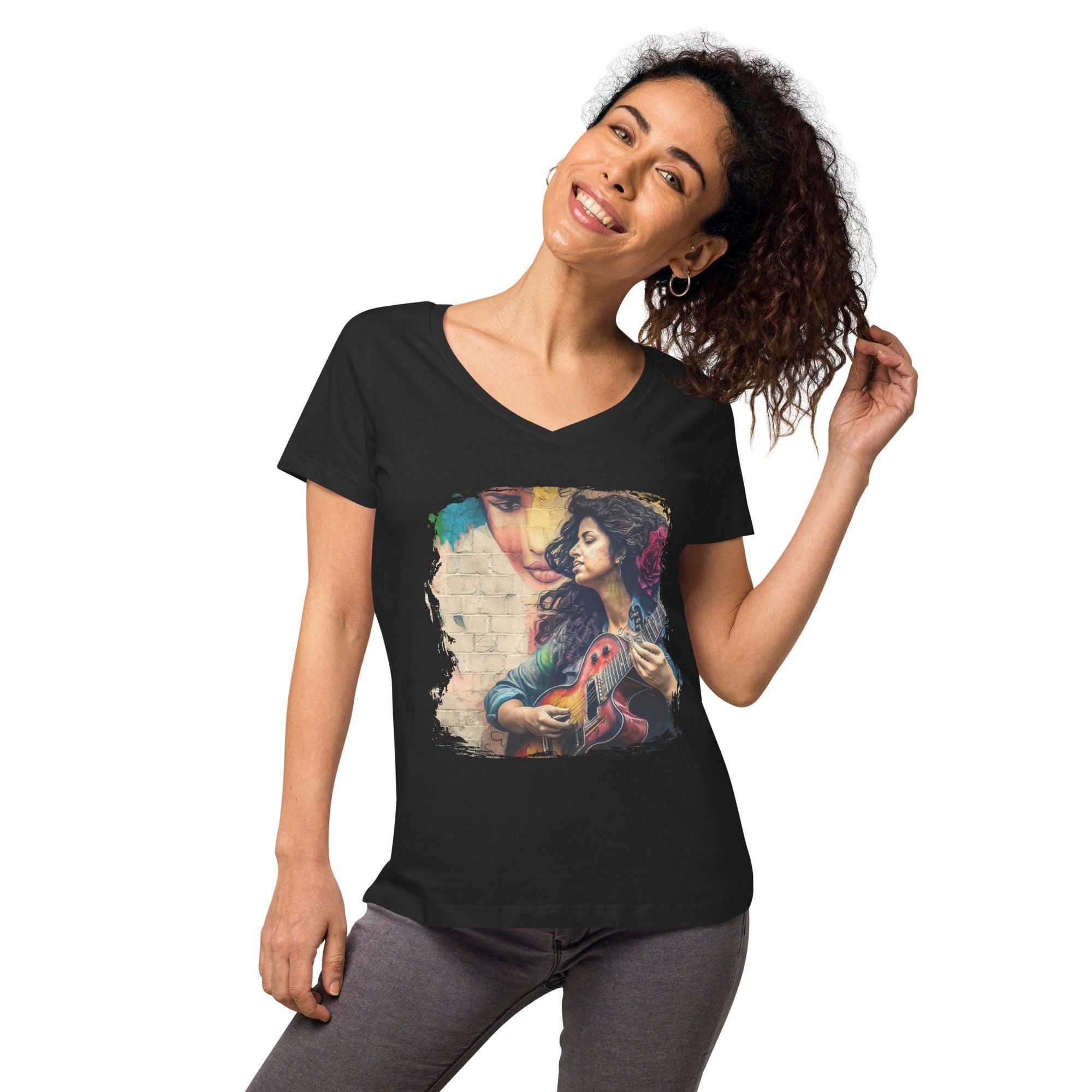 Guitar Speaks Her Language Women’s Fitted V-neck T-shirt - Beyond T-shirts