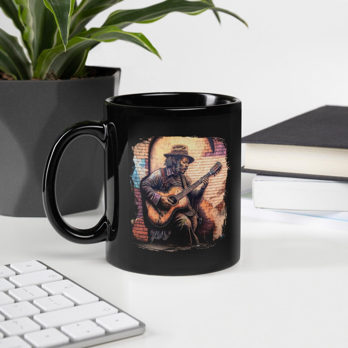 Guitar Tells His Story Black Glossy Mug - Beyond T-shirts