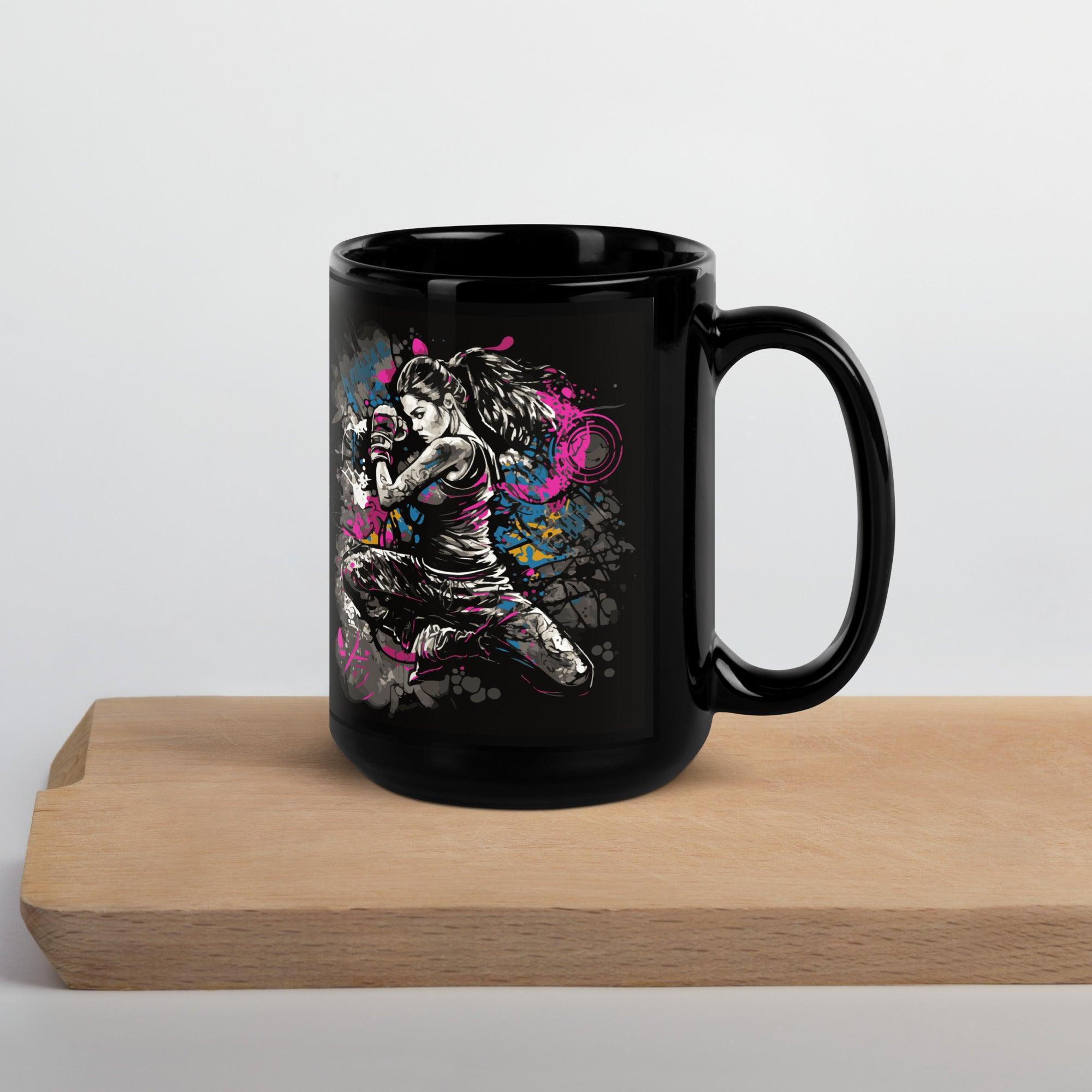 Elegant black glossy mug with inspirational quote, morning light.