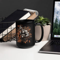 Glory-Strikes elegant black glossy mug on a wooden table, reflecting morning light.