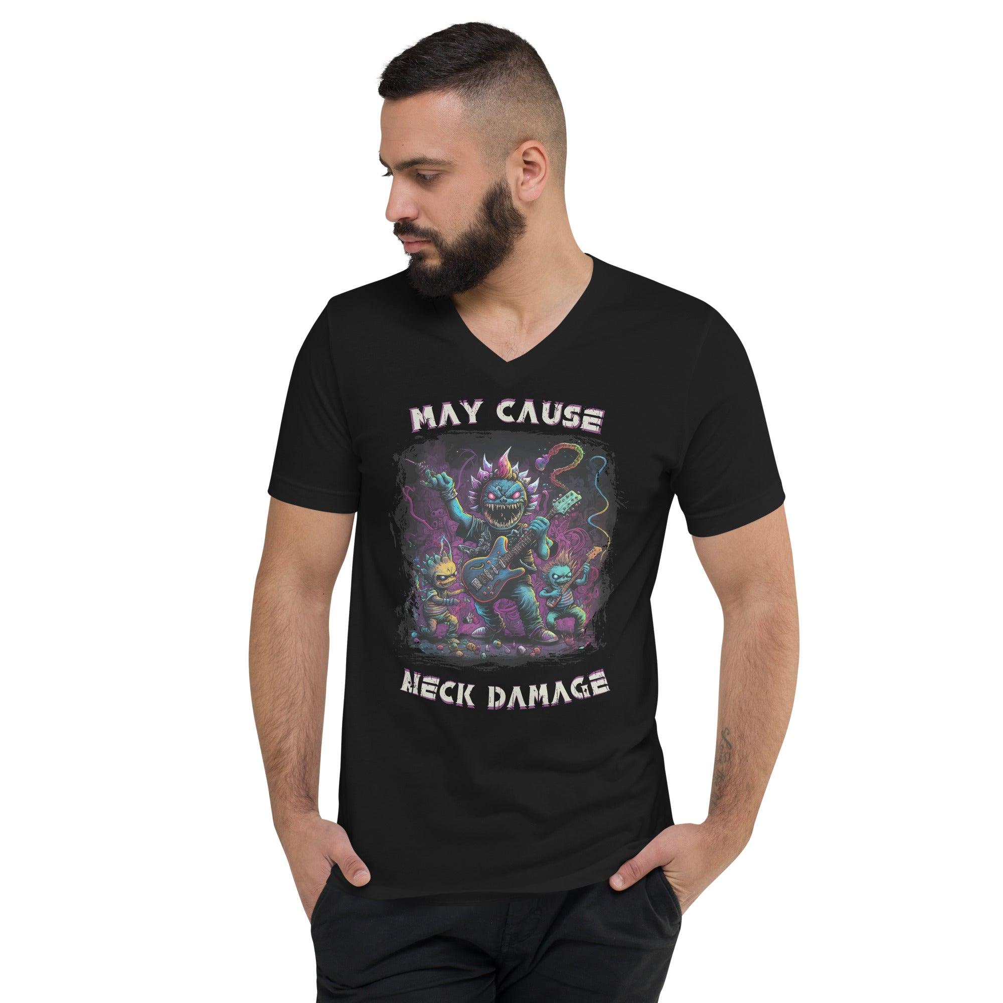 May Cause Neck Damage Unisex Short Sleeve V-Neck T-Shirt - Beyond T-shirts