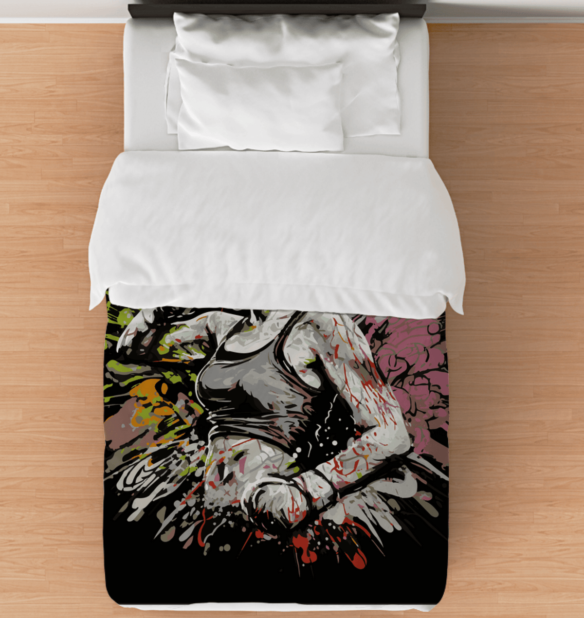 Twin-sized No Pain No Gain duvet cover displayed on a bed, featuring a sleek design.