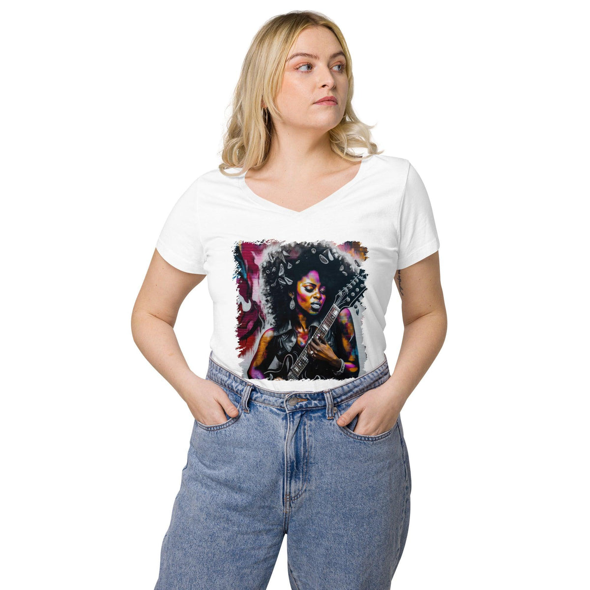 Rocking Out, Feminine Style Women’s Fitted V-neck T-shirt - Beyond T-shirts