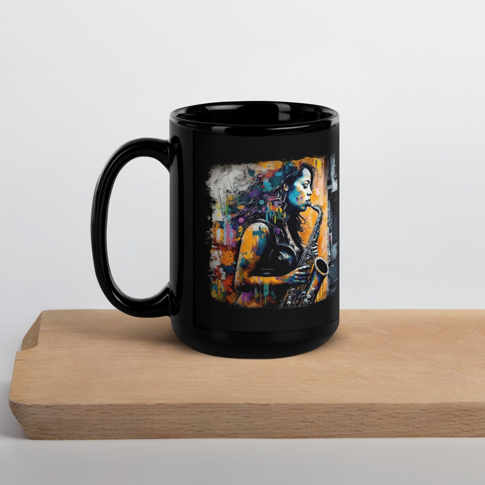 Saxophone Inspires Her Art Black Glossy Mug - Beyond T-shirts