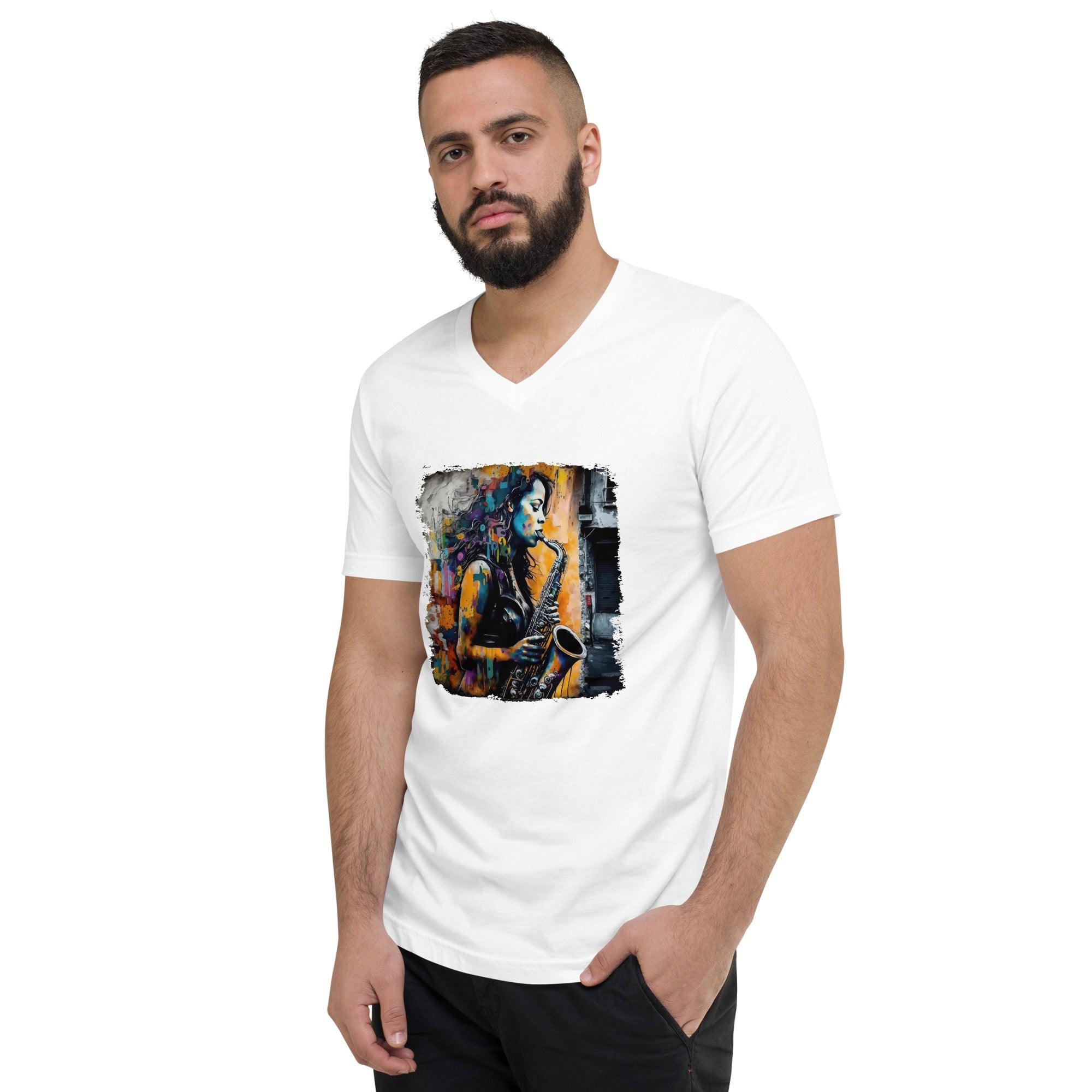 Saxophone Inspires Her Art Unisex Short Sleeve V-Neck T-Shirt - Beyond T-shirts