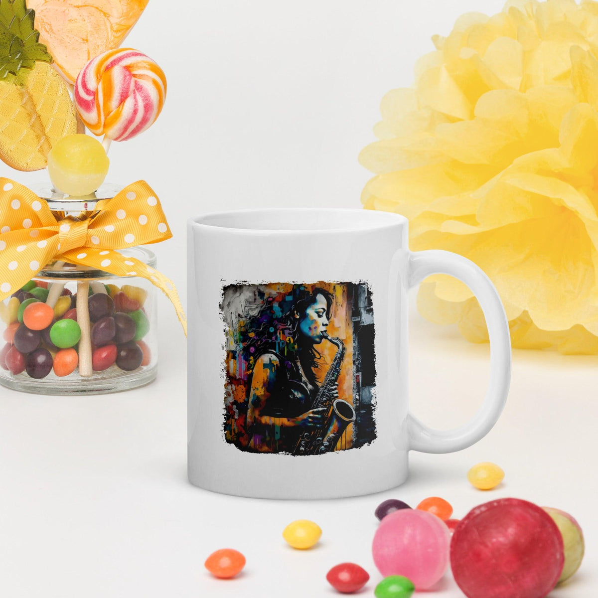 Saxophone Inspires Her Art White glossy mug - Beyond T-shirts