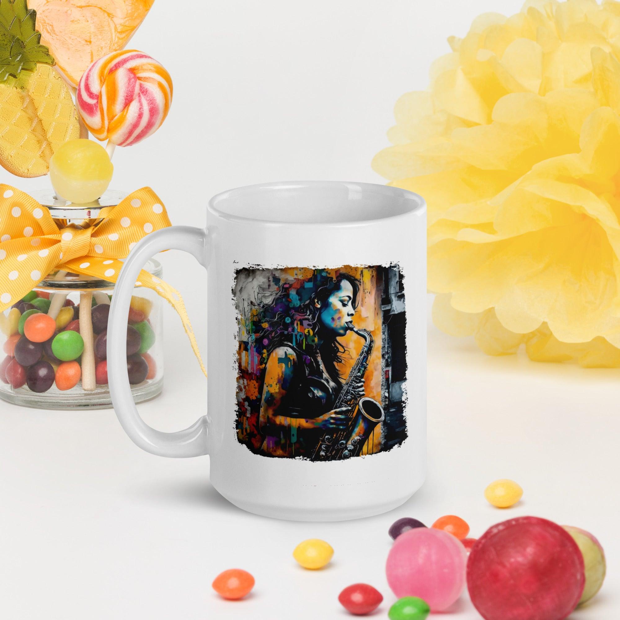 Saxophone Inspires Her Art White glossy mug - Beyond T-shirts