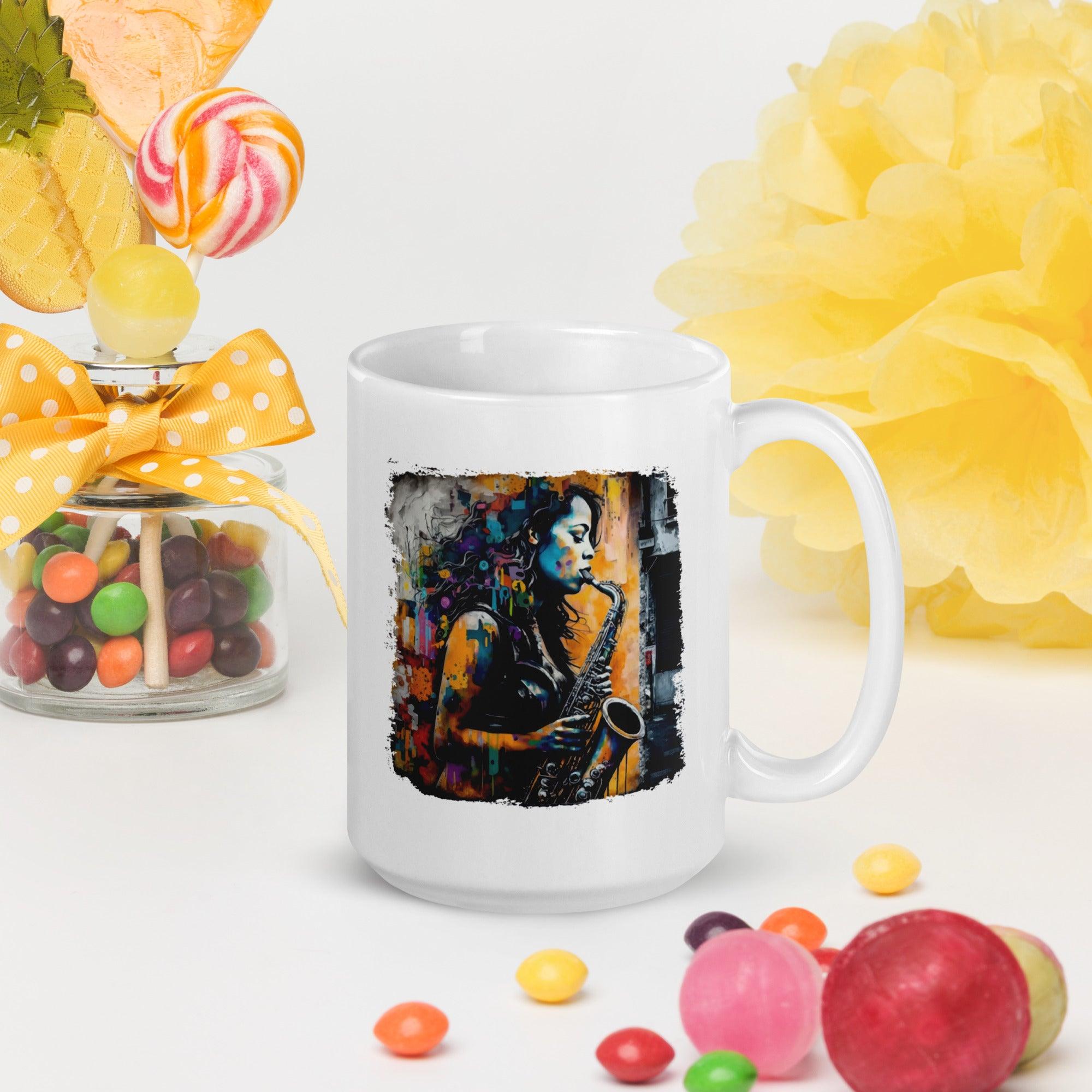 Saxophone Inspires Her Art White glossy mug - Beyond T-shirts