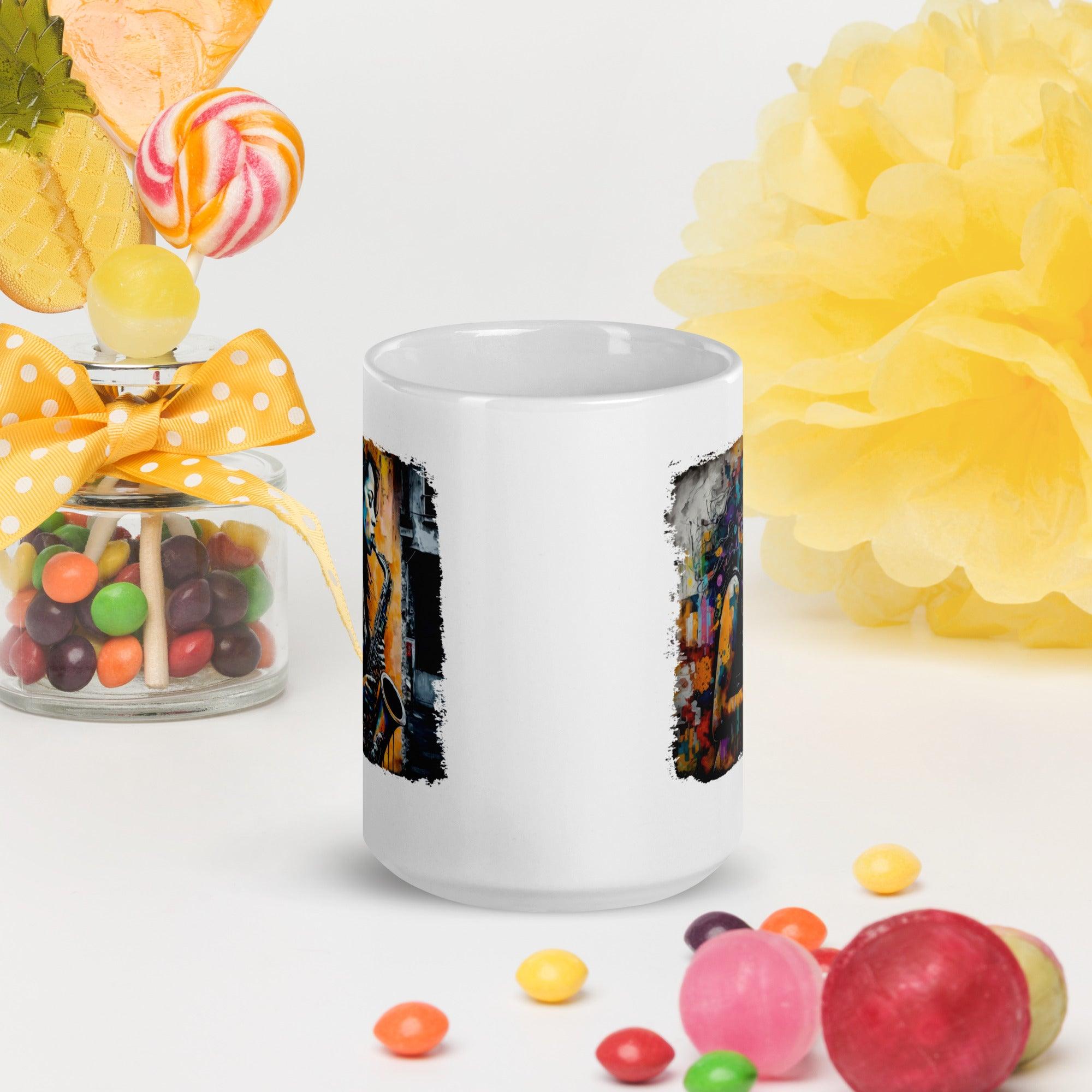 Saxophone Inspires Her Art White glossy mug - Beyond T-shirts