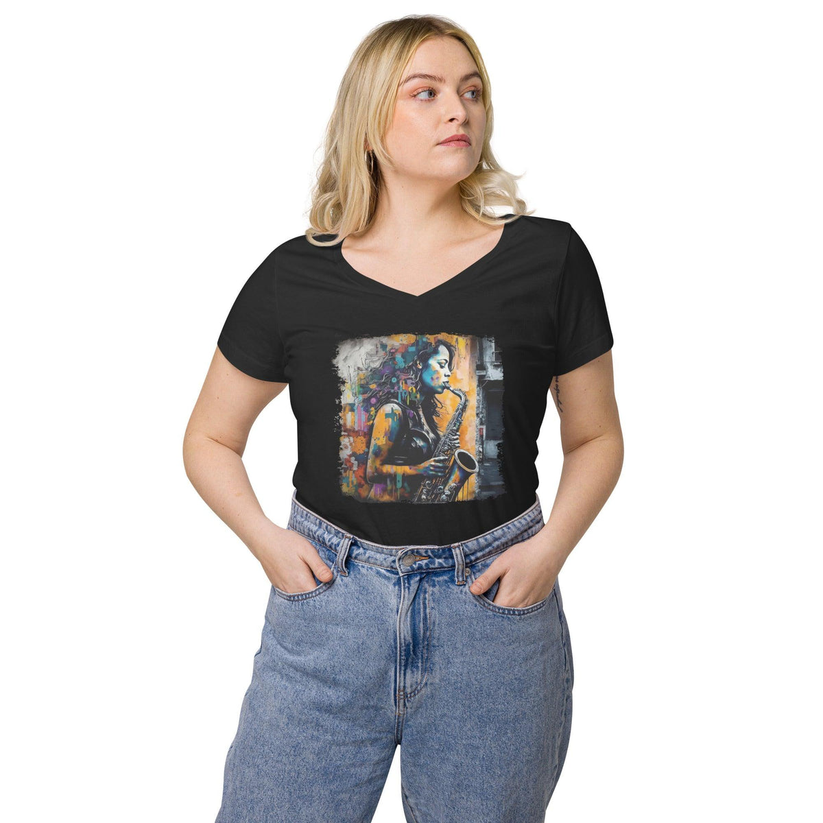 Saxophone Inspires Her Art Women’s Fitted V-neck T-shirt - Beyond T-shirts