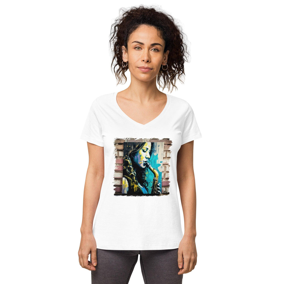 She Breathes Through Music Women’s Fitted V-neck T-shirt - Beyond T-shirts