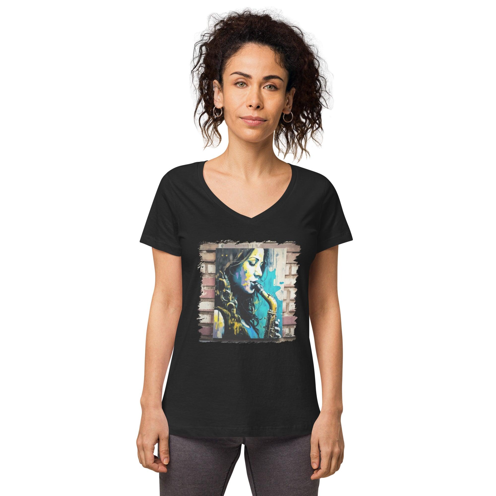 She Breathes Through Music Women’s Fitted V-neck T-shirt - Beyond T-shirts