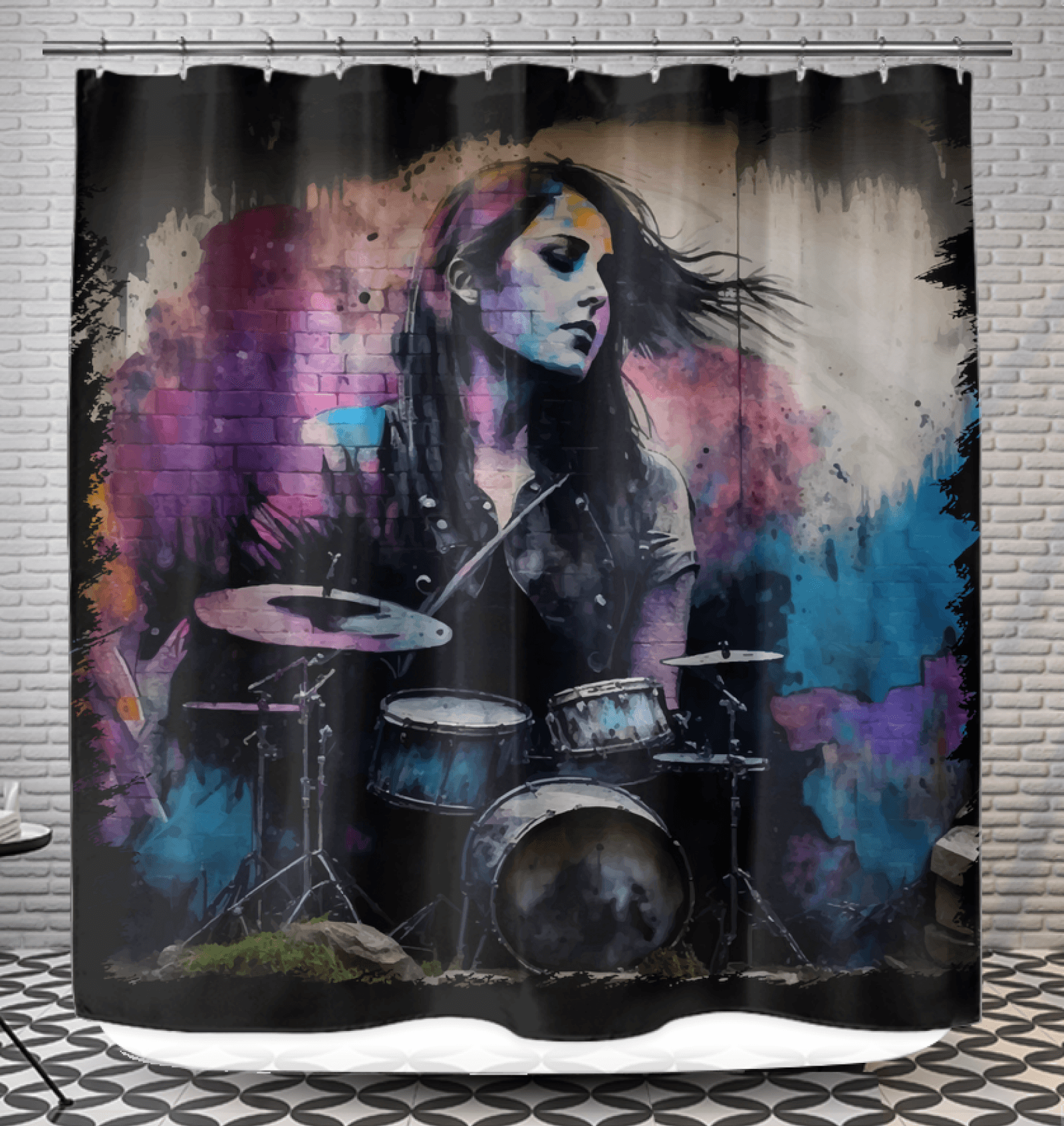 She Drums With Power Shower Curtain - Beyond T-shirts