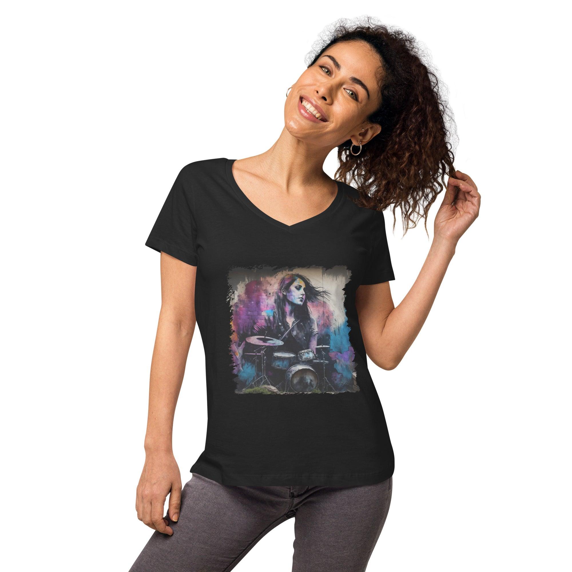 She Drums With Power Women’s Fitted V-neck T-shirt - Beyond T-shirts