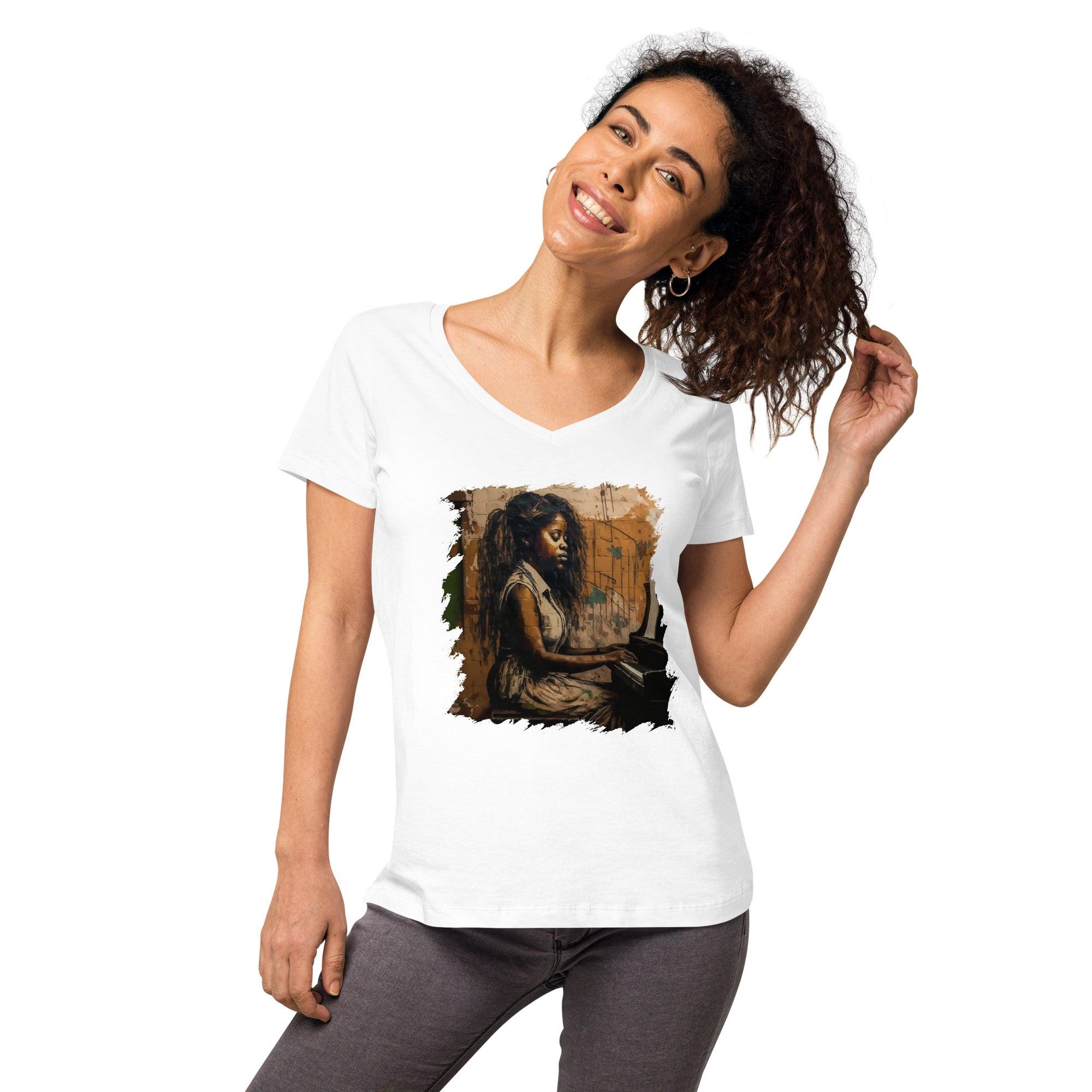 She Makes Keys Sing Women’s Fitted V-neck T-shirt - Beyond T-shirts
