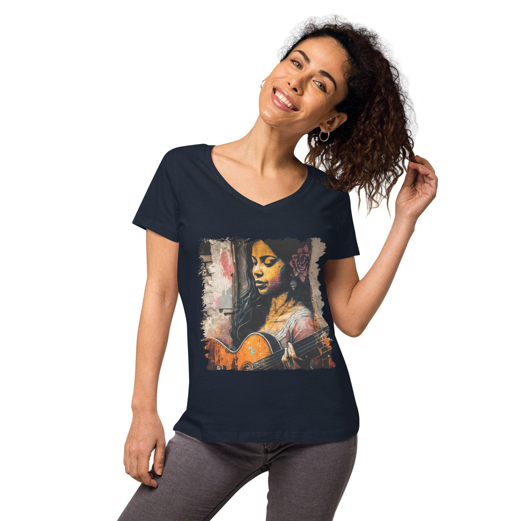 She Strums With Soul Women’s Fitted V-neck T-shirt - Beyond T-shirts