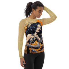 Side view of the Stick With It, You'll Be Rewarded women's rash guard, highlighting its sleek design.