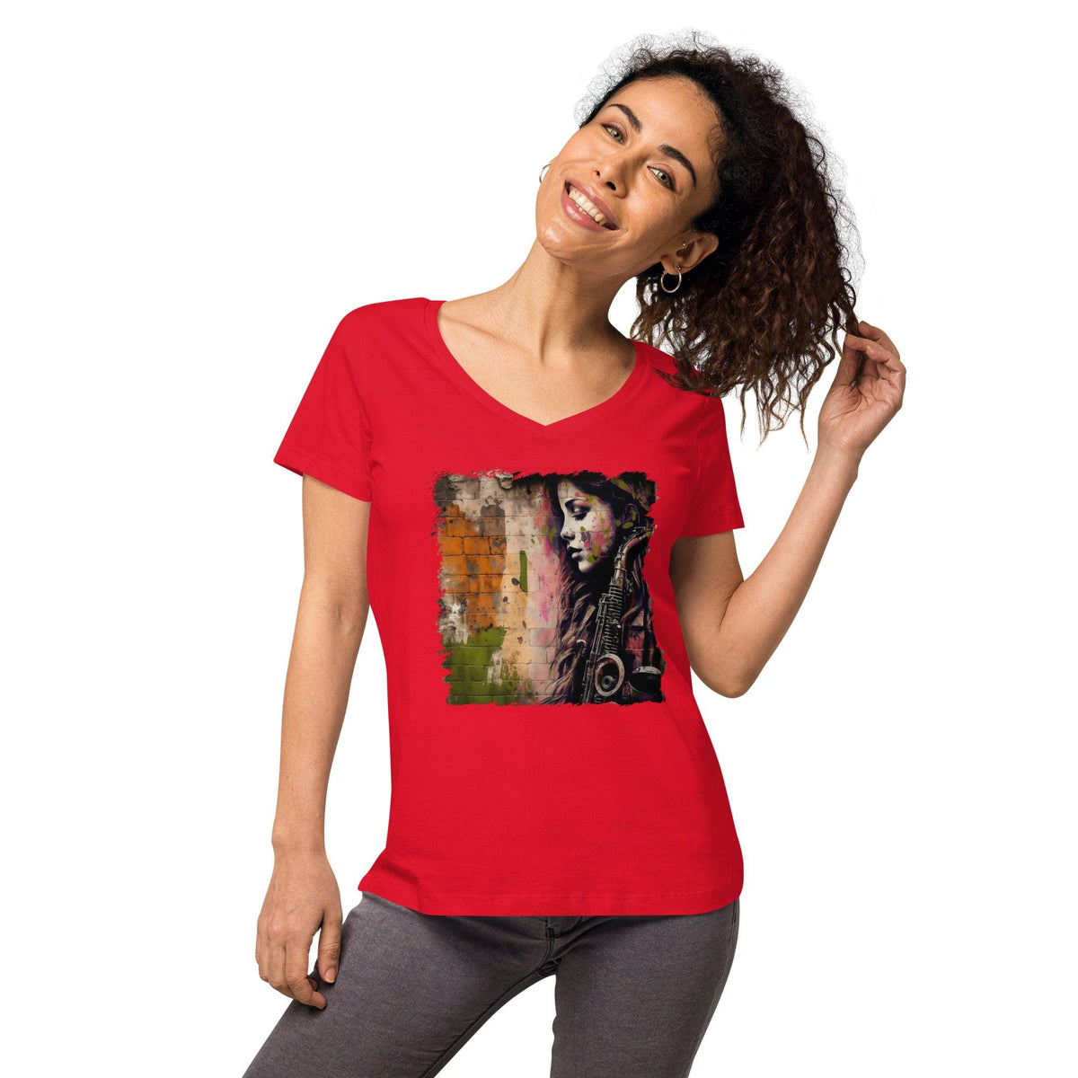 The Saxophone Empowers Her Women’s fitted v-neck t-shirt - Beyond T-shirts