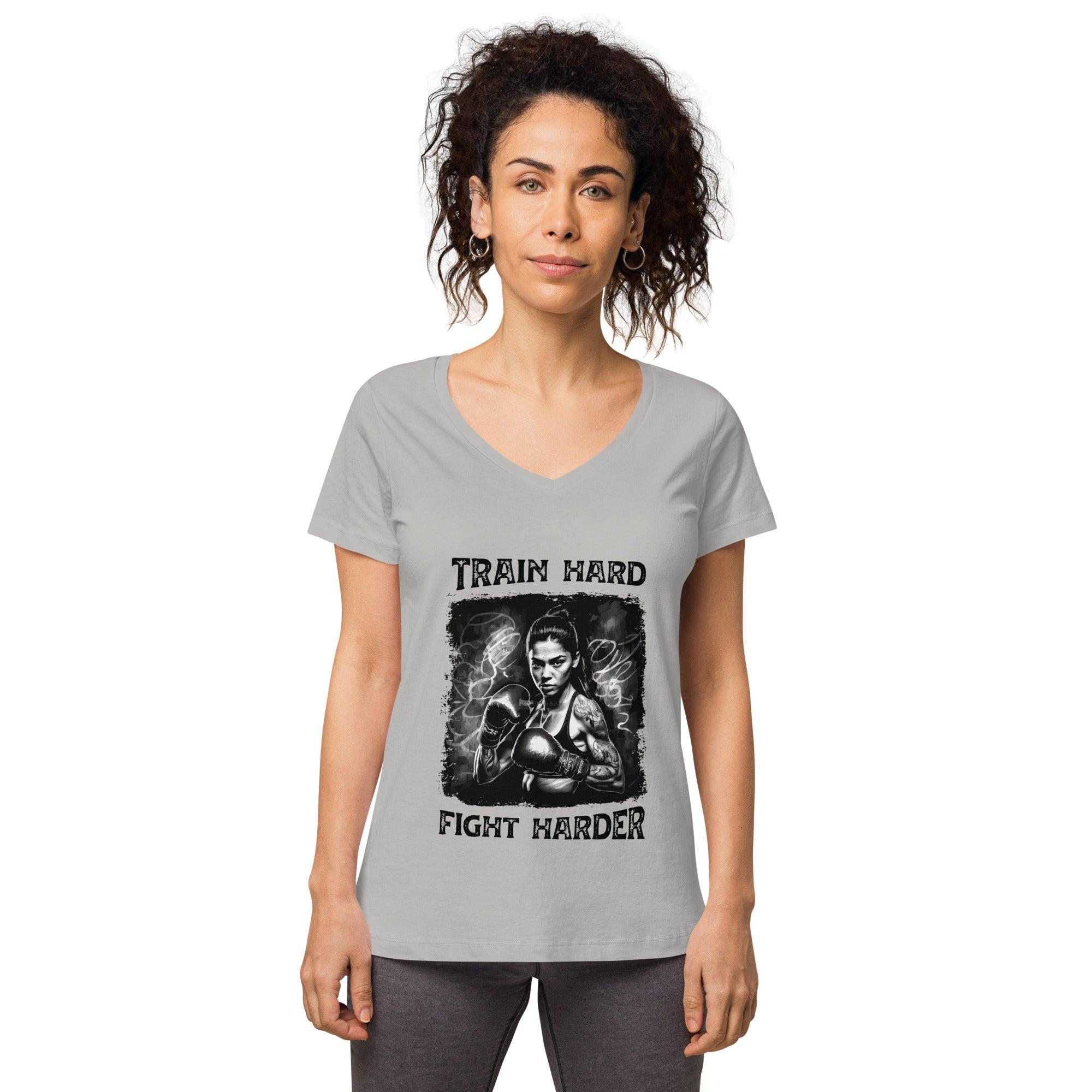 Train Hard Fight Harder Women’s Fitted V-neck T-shirt - Beyond T-shirts