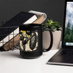 Athlete-inspired motivational black glossy mug on a workout table