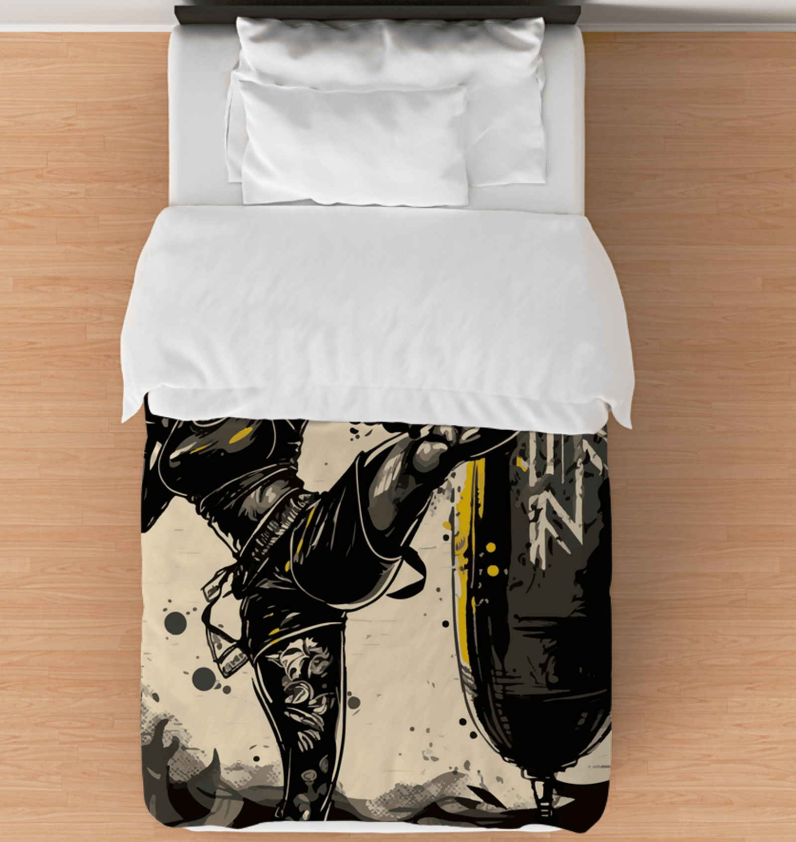 Twin-sized Train Hard Fight Smart comforter on bed, featuring motivational design.