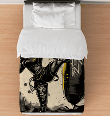 Twin-sized Train Hard Fight Smart duvet cover on a bed, showcasing its bold design.