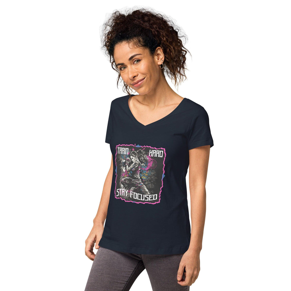 Train Hard Stay Focused Women’s Fitted V-neck T-shirt - Beyond T-shirts