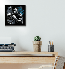 Train Like a Champion wrapped canvas as a centerpiece in a minimalist bedroom.