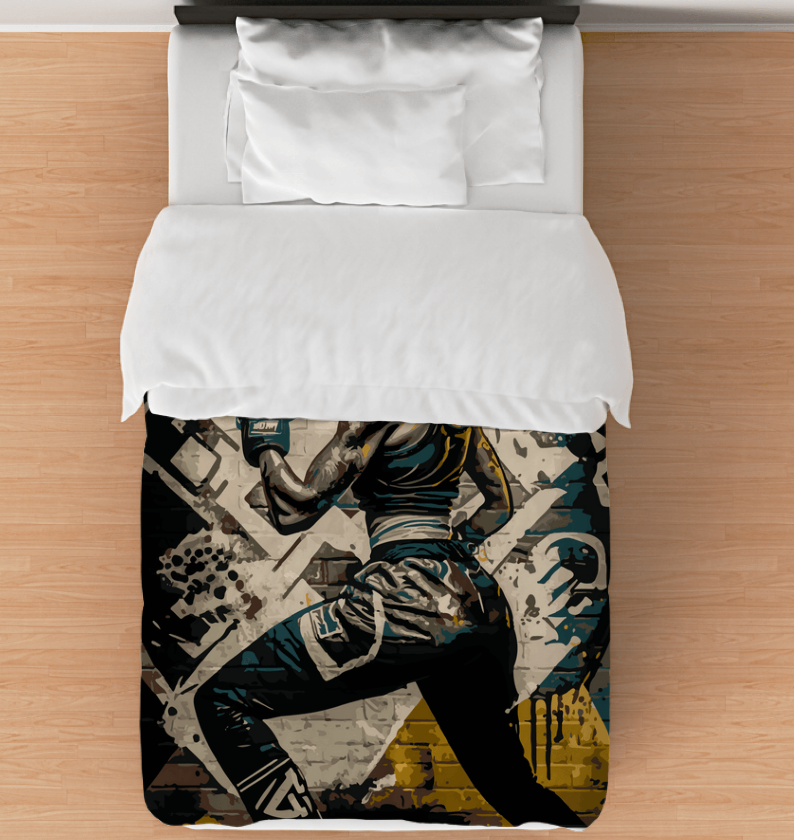 Twin-sized Train Like a Warrior comforter displayed on a bed, featuring a bold warrior design.