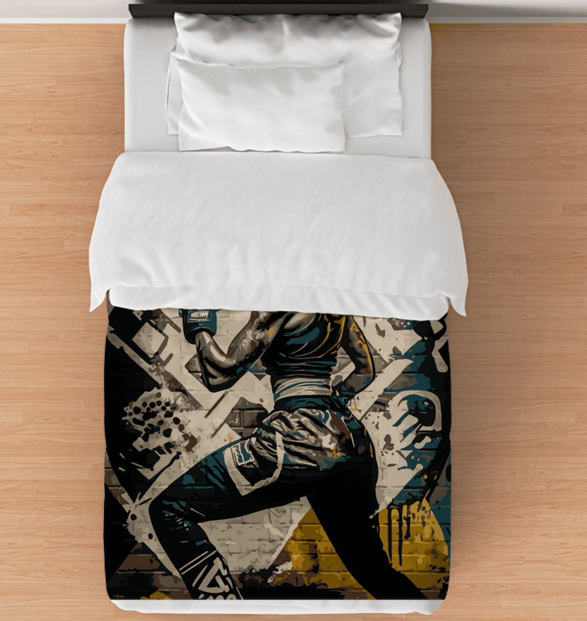 Twin-sized Warriors Training Ground duvet cover on a bed, featuring a dynamic design.